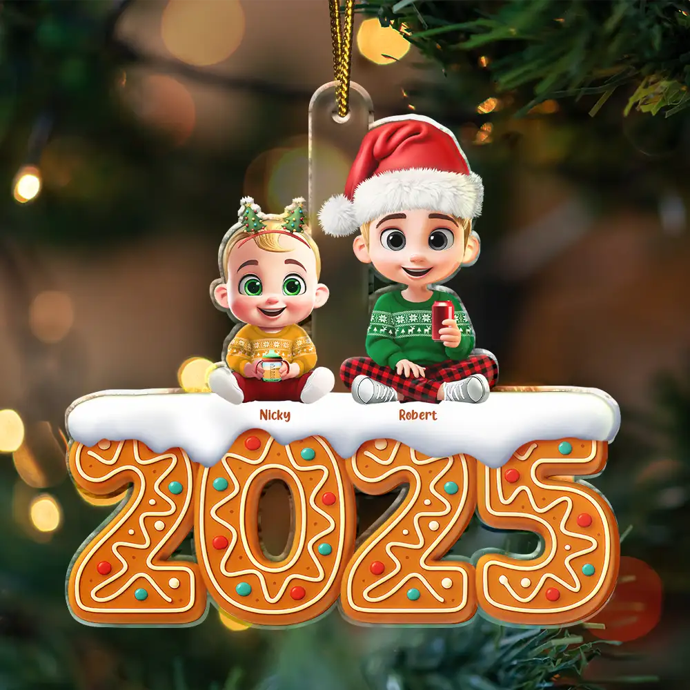 Gift For Kids,Gift For Grandkids,Gift For Grandpa,Gift For Grandma,Gift For Mother,Gift For Father,Christmas,Happy - 3D Effect Kid Baby Sitting Christmas Gingerbread - Personalized Custom Shaped Acrylic Ornament