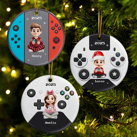 3D Effect Kids Gamer - Personalized Combo Circle Ceramic Ornament Set