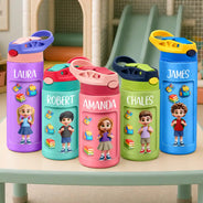 Top Market,Adorable,Back To School,Gift For Kids,Vector - 3D Effect Kids Ready For School - Personalized Insulated Water Bottle With Straw