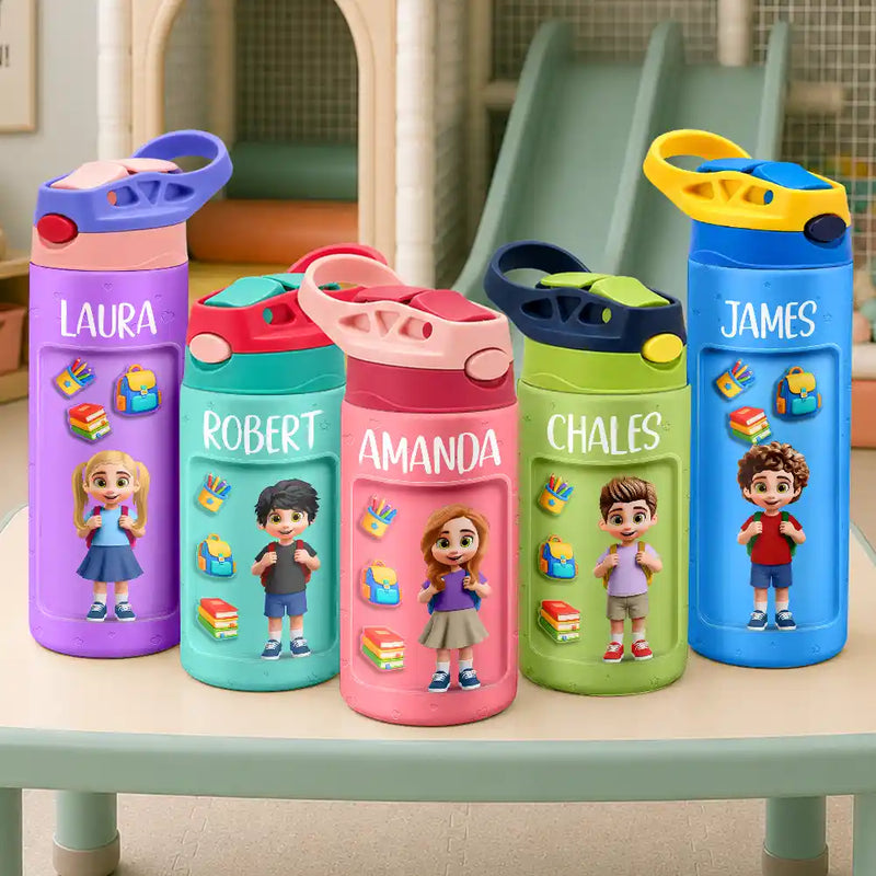 Top Market,Adorable,Back To School,Gift For Kids,Vector - 3D Effect Kids Ready For School - Personalized Insulated Water Bottle With Straw