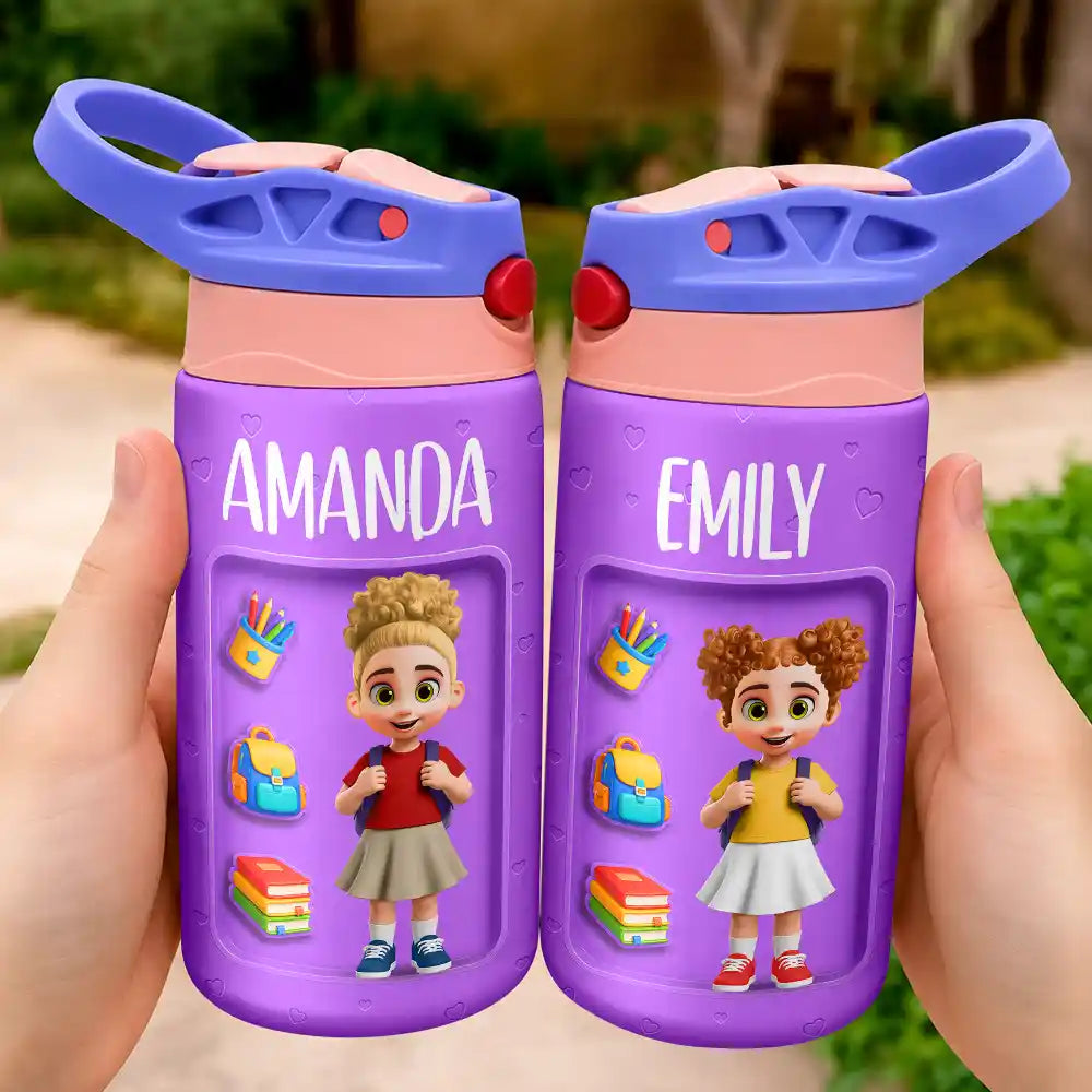 Top Market,Adorable,Back To School,Gift For Kids,Vector - 3D Effect Kids Ready For School - Personalized Insulated Water Bottle With Straw