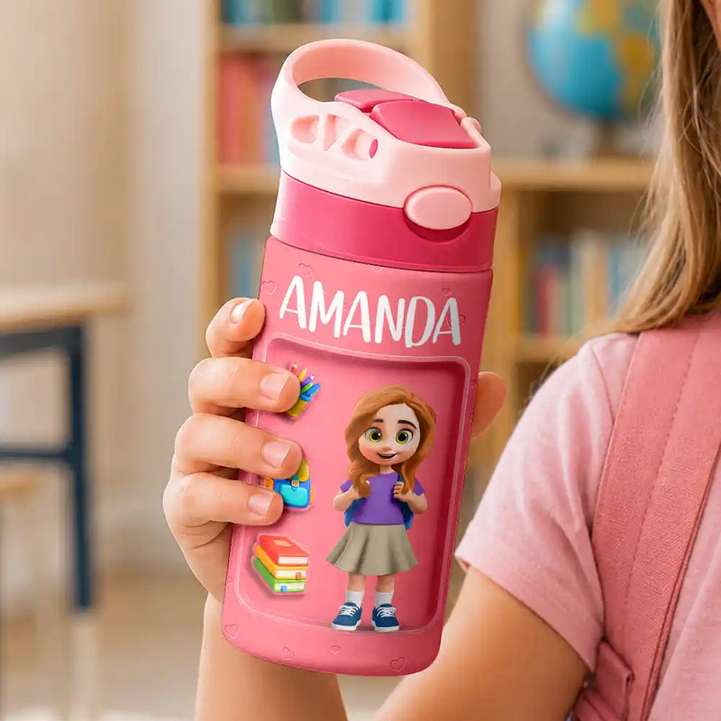 Top Market,Adorable,Back To School,Gift For Kids,Vector - 3D Effect Kids Ready For School - Personalized Insulated Water Bottle With Straw