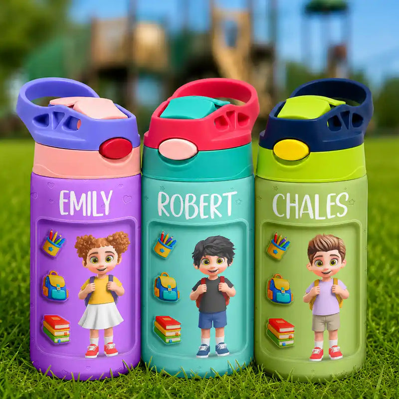 Top Market,Adorable,Back To School,Gift For Kids,Vector - 3D Effect Kids Ready For School - Personalized Insulated Water Bottle With Straw