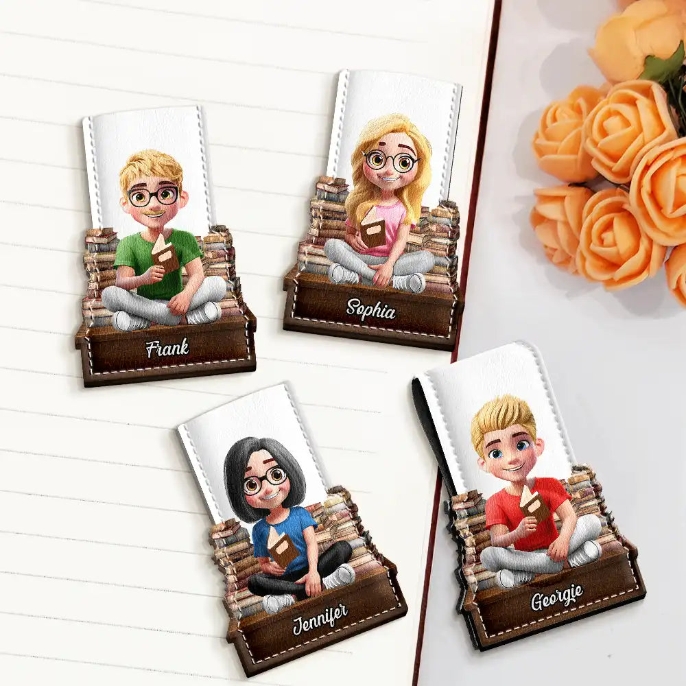 Gift For Yourself, Reading - 3D Effect Reading Girl Boy - Personalized Custom Shaped Leather Magnetic Bookmark