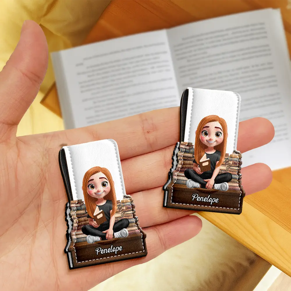 Gift For Yourself, Reading - 3D Effect Reading Girl Boy - Personalized Custom Shaped Leather Magnetic Bookmark