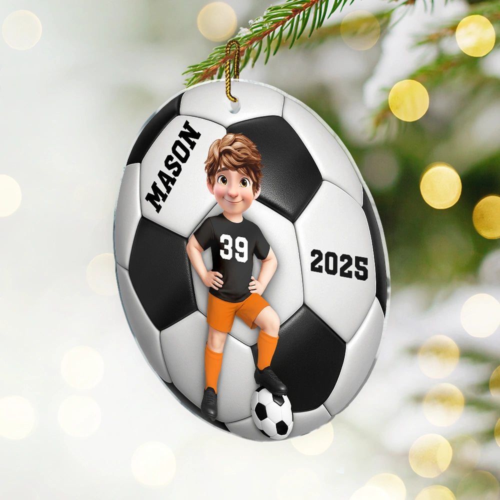 Football, Gift For Kids, Grandma - Grandkids, Happy, Christmas, Top Market, Non-Eng - 3D Effect Soccer Girl Boy - Personalized Custom Shaped Acrylic Ornament