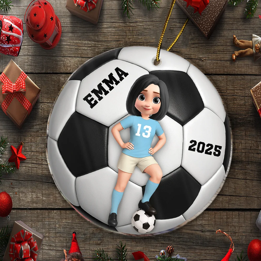 Football, Gift For Kids, Grandma - Grandkids, Happy, Christmas, Top Market, Non-Eng - 3D Effect Soccer Girl Boy - Personalized Custom Shaped Acrylic Ornament