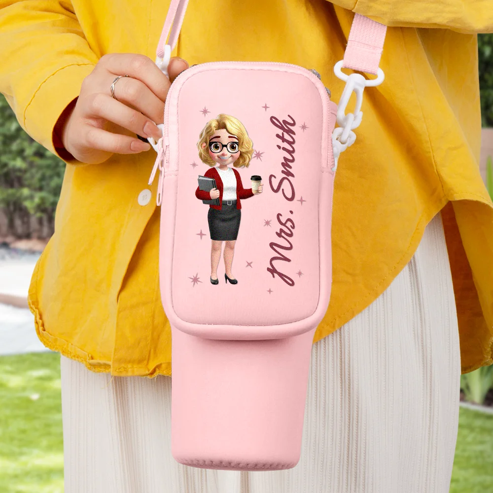 Gift For Women, Gift For Men, Happy, Teacher - 3D Effect Teacher Name - Personalized Bottle Carrier Bag