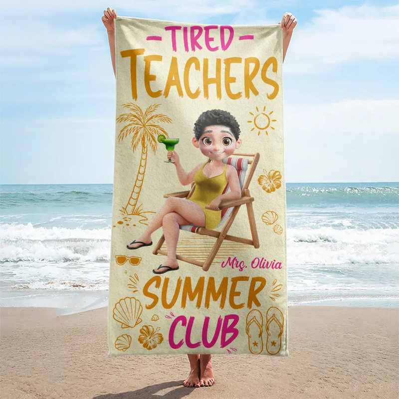 Beach,Summer,Top Market,Teacher,Humorous,Vector - 3D Effect Tired Teacher Summer Club - Personalized Beach Towel