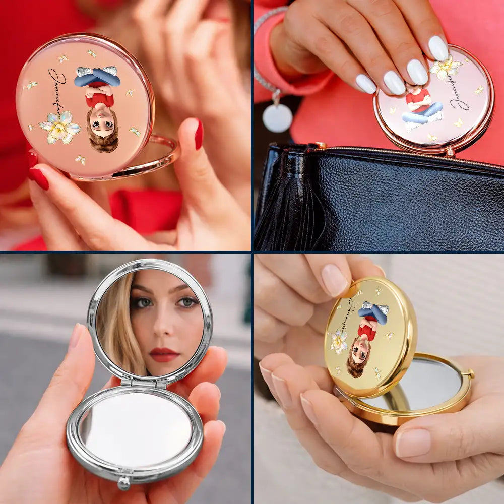 Gift For Women,Gift For Daughter,Gift For Mother,Gift For Sisters,Gift For Bestie,Happy - 3D Effect Woman Kid Girl Sitting With Birth Flowers - Personalized Compact Mirror