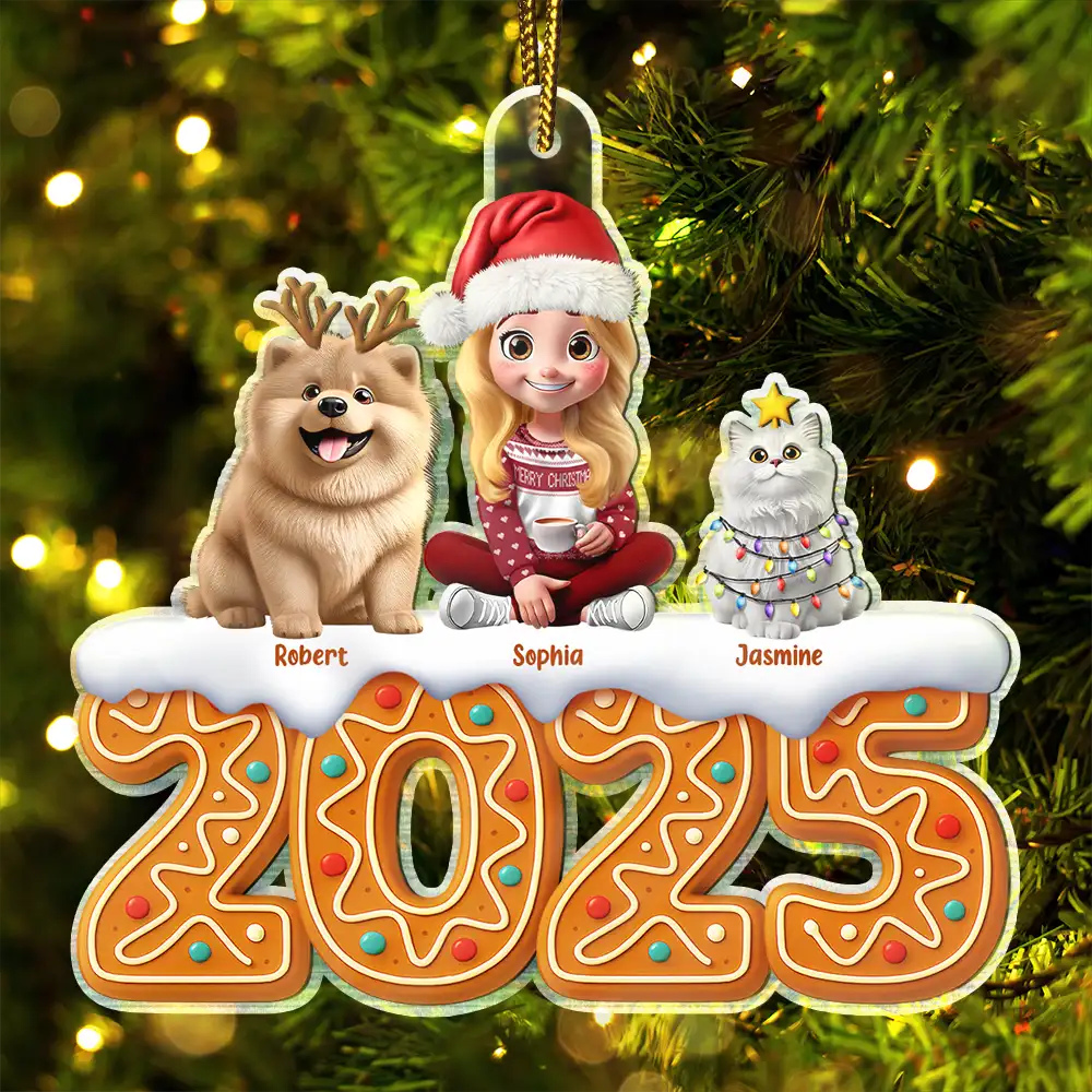 Pet Lovers,Pet Mom,Pet Dad,Dog Lovers,Dog Mom,Dog Dad,Cat Lovers,Cat Mom,Cat Dad,Christmas,Gift For Women,Gift For Men,Gift For Yourself,Happy - 3D Effect Woman Man Sitting With Dog Cat Christmas Gingerbread - Personalized Custom Shaped Acrylic Ornament