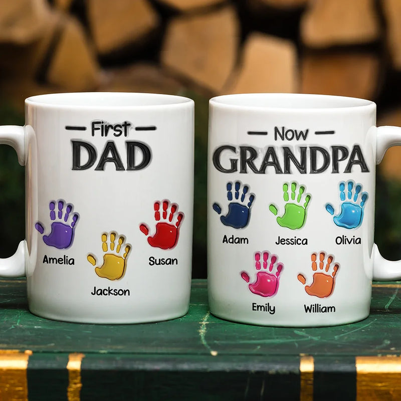 Gift For Grandpa,Top Market,Grateful,Icon - 3D Inflated Effect Handprints First Dad Now Grandpa - Personalized White Edge-to-Edge Mug