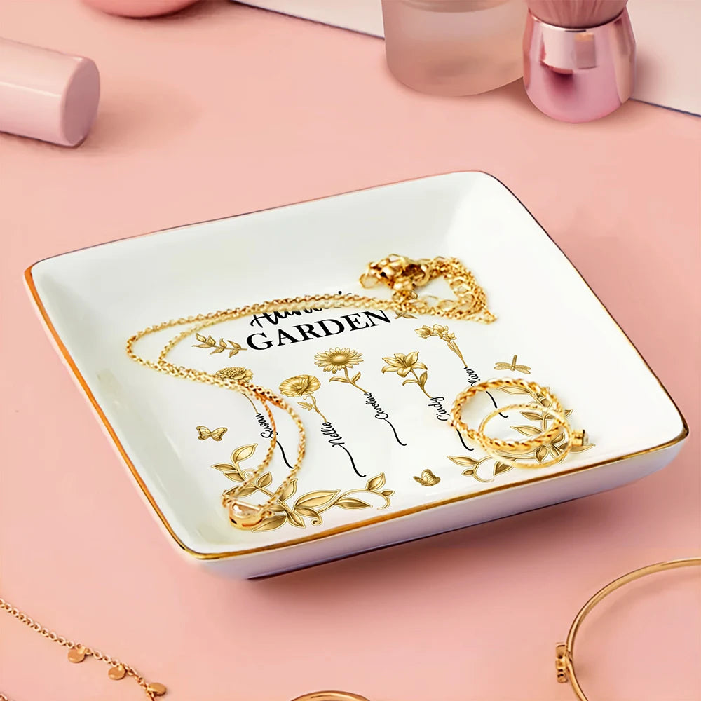 Gift For Women,Gift For Mother,Gift For Grandma,Love - 3D Metal Effect Birth Month Flowers Grandmas Moms Garden - Personalized Ring Dish