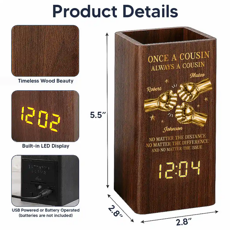 Gift For Brother,Gift For Sibling,Gift For Cousin,Grateful,Custom Text - 3D Metal Effect Once A Brother Always A Brother - Personalized Pen Holder With Clock