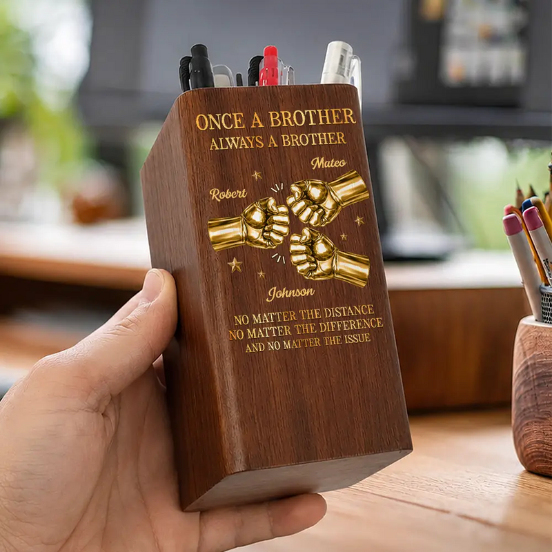 Gift For Brother,Gift For Sibling,Gift For Cousin,Grateful,Custom Text - 3D Metal Effect Once A Brother Always A Brother - Personalized Pen Holder With Clock