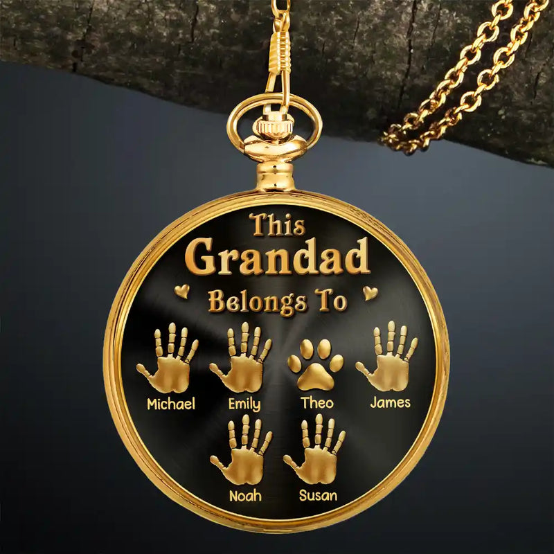 Icon,Non-Eng,Gift For Father,Gift For Grandpa,Gift For Men,Happy - 3D Metal Effect This Grandpa Belongs To Kids Pets - Personalized Pocket Watch