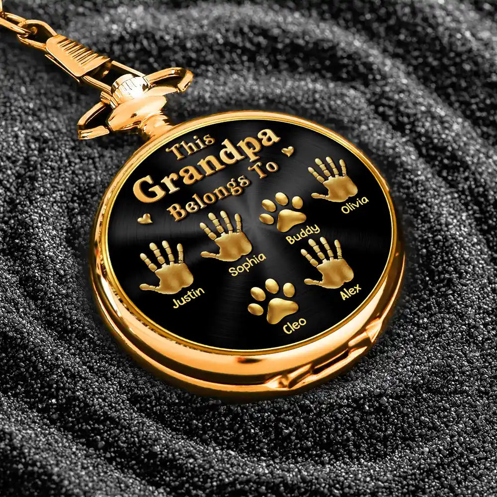Icon,Non-Eng,Gift For Father,Gift For Grandpa,Gift For Men,Happy - 3D Metal Effect This Grandpa Belongs To Kids Pets - Personalized Pocket Watch