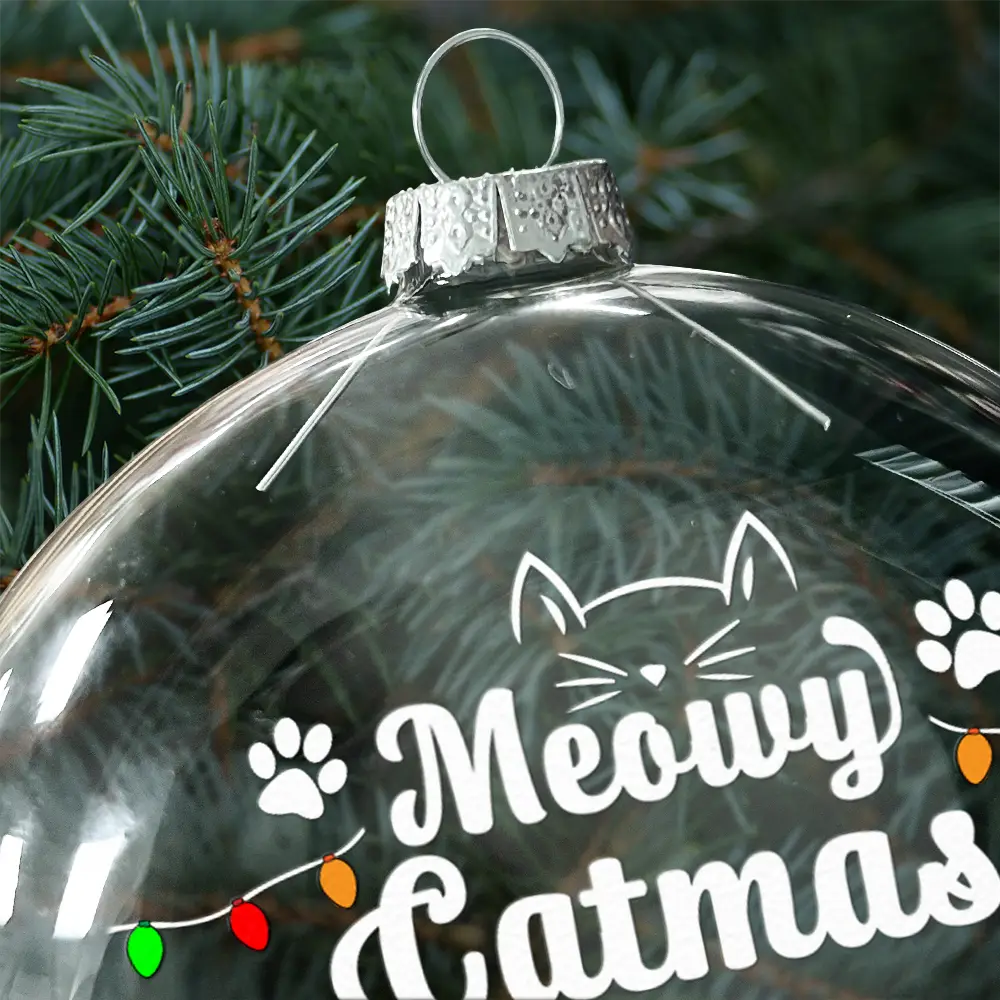 Cat Lovers, Christmas, Funny - Meowy Catmas Funny 3D Effect Cats - Personalized Clear Flat Ball Ornament