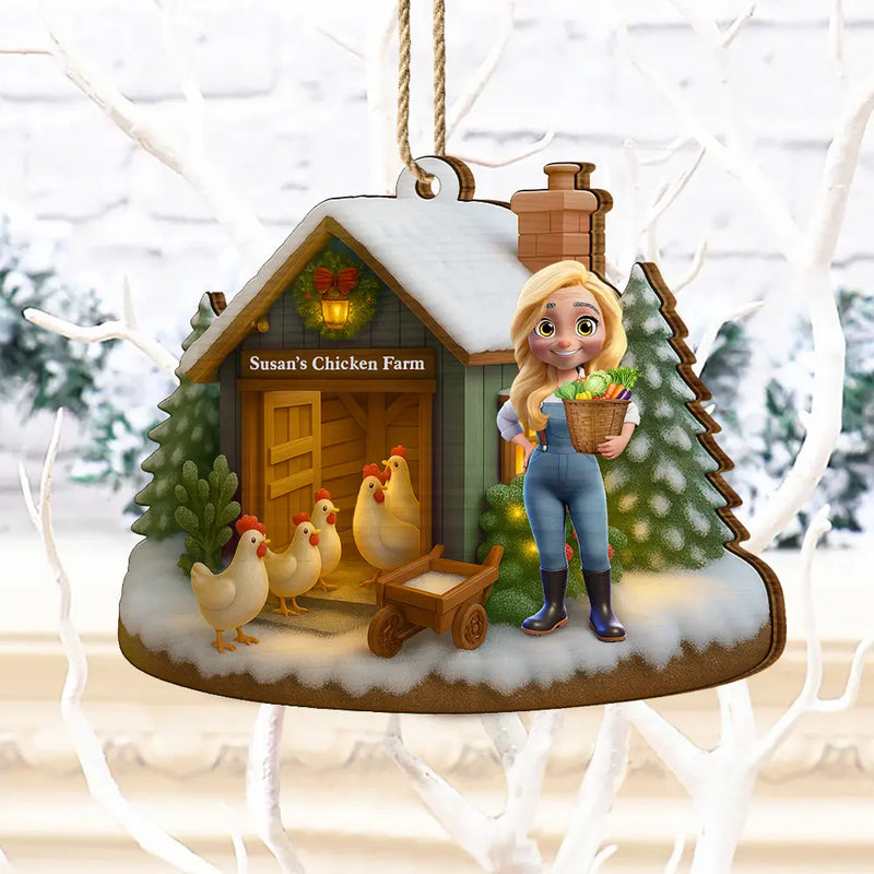 Farm,Gift For Yourself,Christmas,Gift For Women,Gift For Men,Happy - 3D Effect Christmas Chicken Farm - Personalized Custom Shaped Wooden Ornament