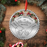 Gift For Couples, Married , Wedding Anniversary, Love - Holding Hands First Christmas Married Couple - Personalized Metal Ornament