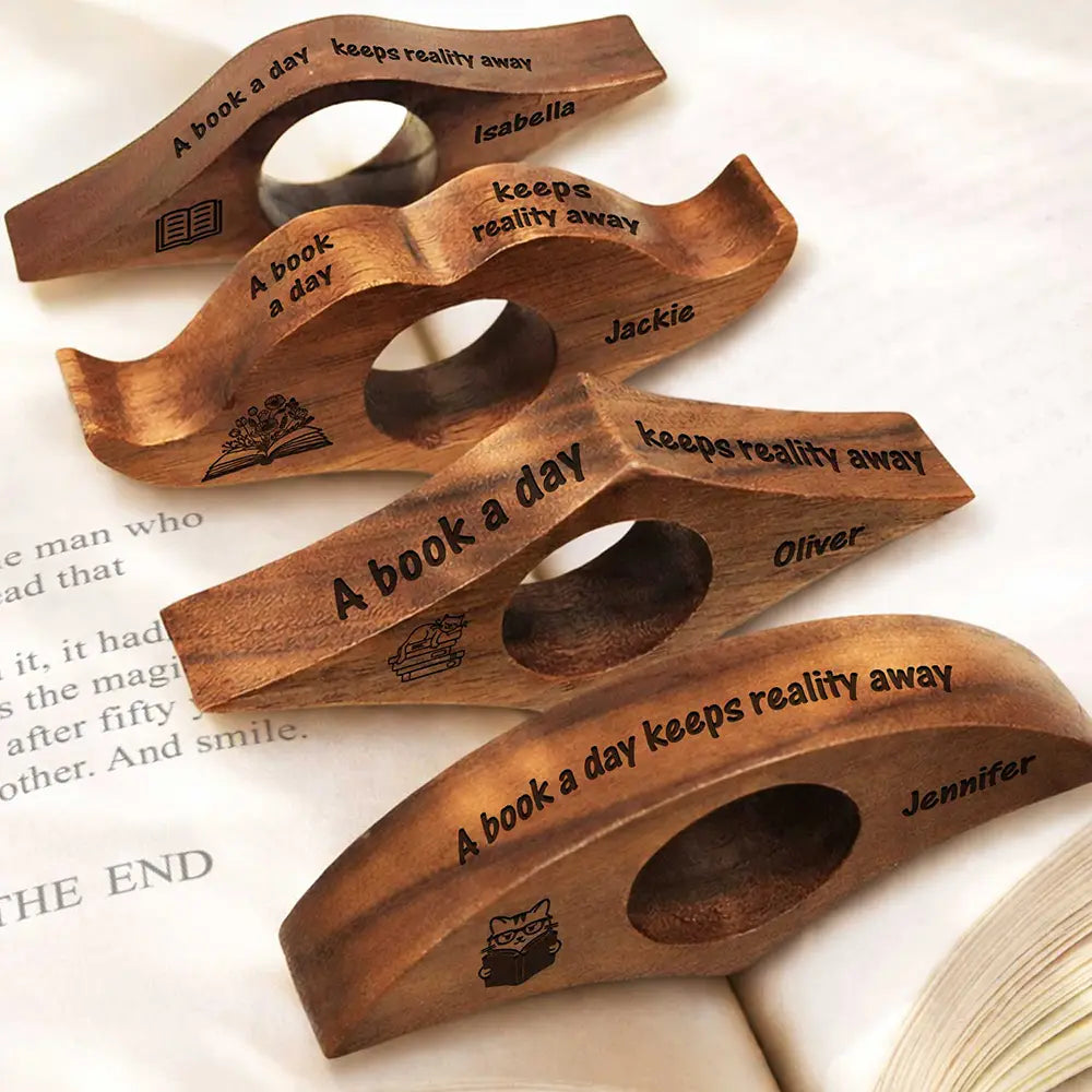 Reading, Gift For Yourself, Gift For Women, Happy, Gift For Men - A Book A Day Keeps Reality Away - Personalized Walnut Book Page Holder