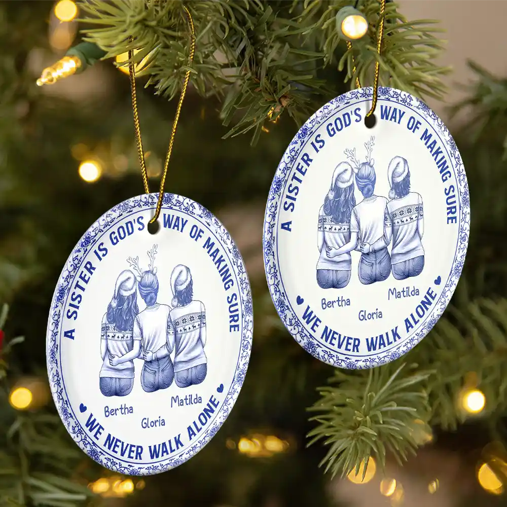 Gift For Bestie,Gift For Sisters,Christmas,Happy - A Friend Is God's Way Toile Besties - Personalized Circle Ceramic Ornament