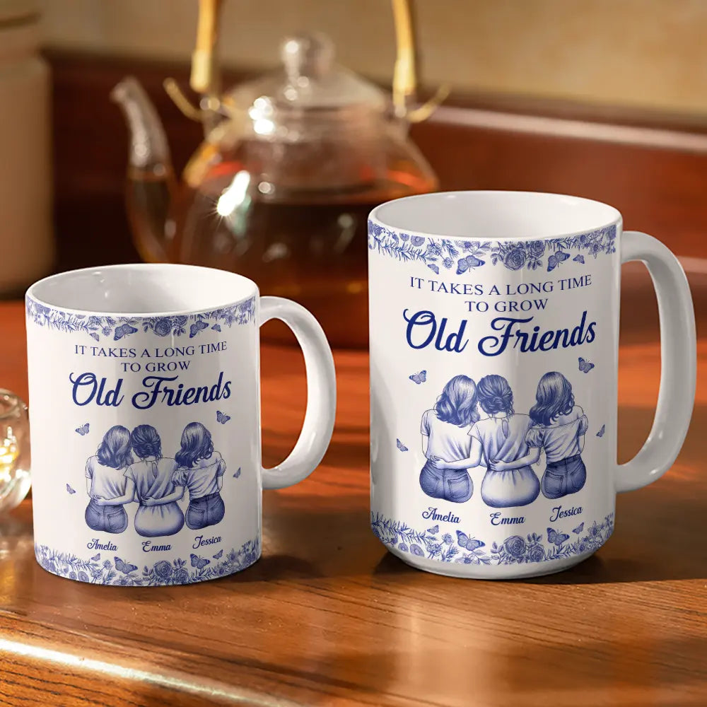 Gift For Bestie,Happy - A Friend Is God's Way Toile Pattern - Personalized White Edge-to-Edge Mug
