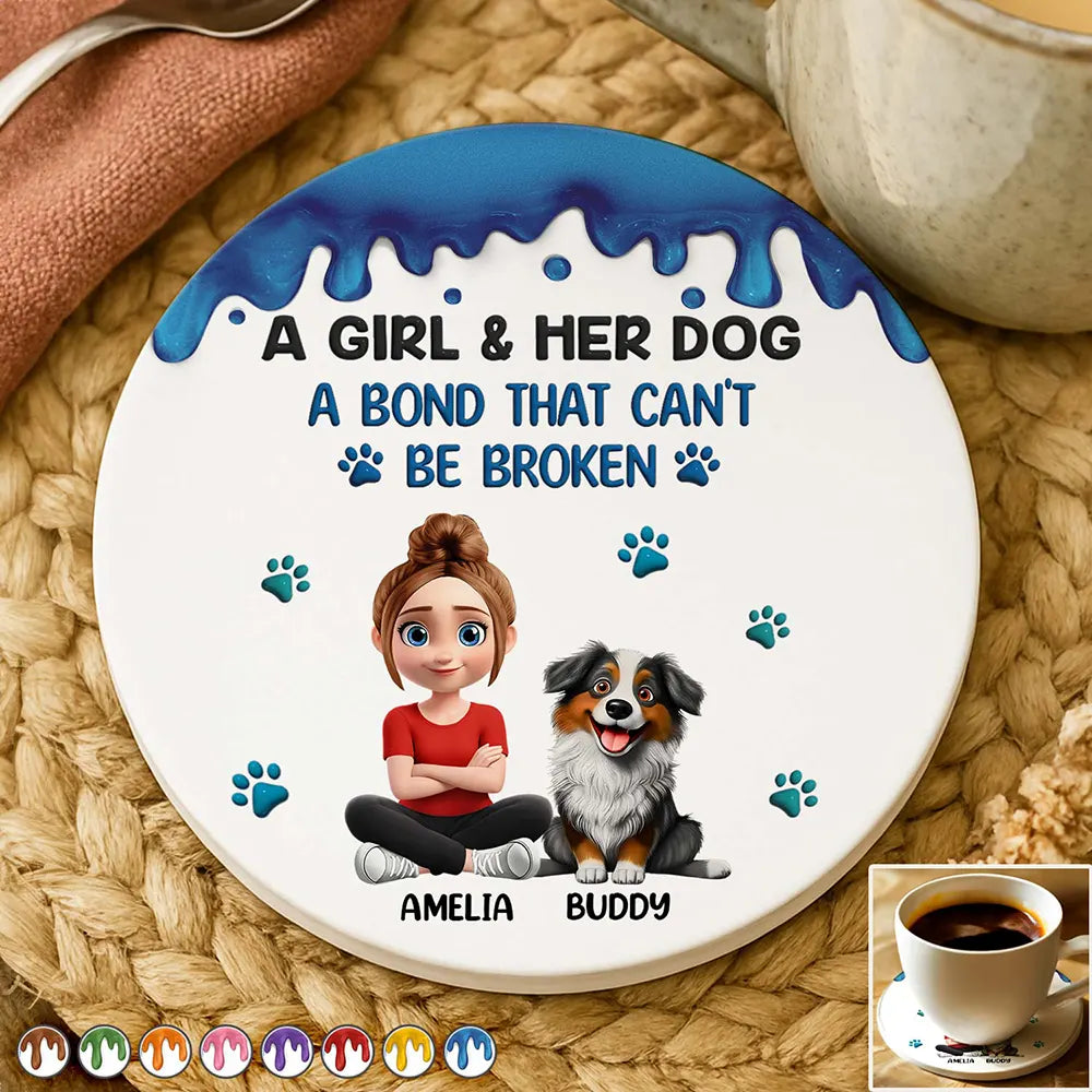 Dog Lovers, Dog Mom, Dog Dad, Pet Lovers, Happy - A Girl And Her Dog A Bond That Can't Be Broken - Personalized Ceramic Coaster