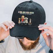 Dog Lovers, Dog Mom, Dog Dad, Summer, Pet Lovers, Pet Mom, Pet Dad, Happy - A Girl And Her Dogs - Personalized Vintage Washed Denim Cap