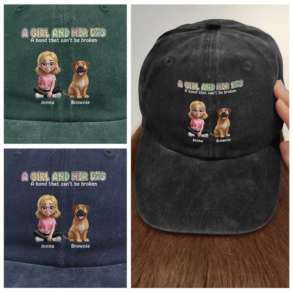 Dog Lovers, Dog Mom, Dog Dad, Summer, Pet Lovers, Pet Mom, Pet Dad, Happy - A Girl And Her Dogs - Personalized Vintage Washed Denim Cap