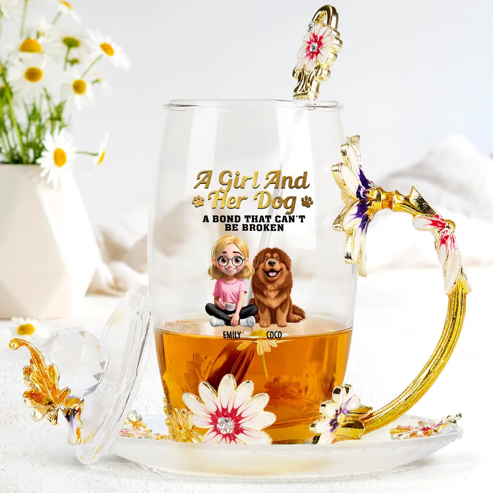 Pet Lovers,Pet Mom,Pet Dad,Dog Lovers,Dog Mom,Dog Dad - A Girl And Her Dogs A Bond That Can't Be Broken - Personalized Glass Flower Tea Cup
