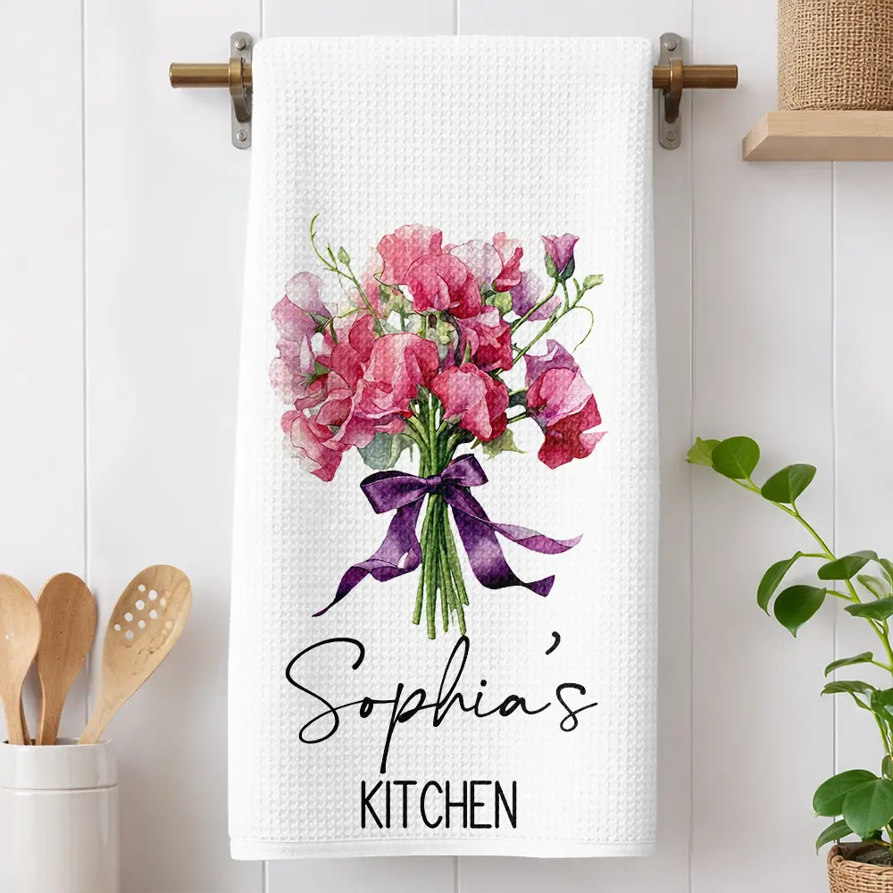 Mom Grandma Kitchen Watercolor Birth Flower Bouquet - Personalized Kitchen Towel