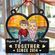 Heart Chibi Old Couple Together Since - Personalized Window Hanging Suncatcher Ornament