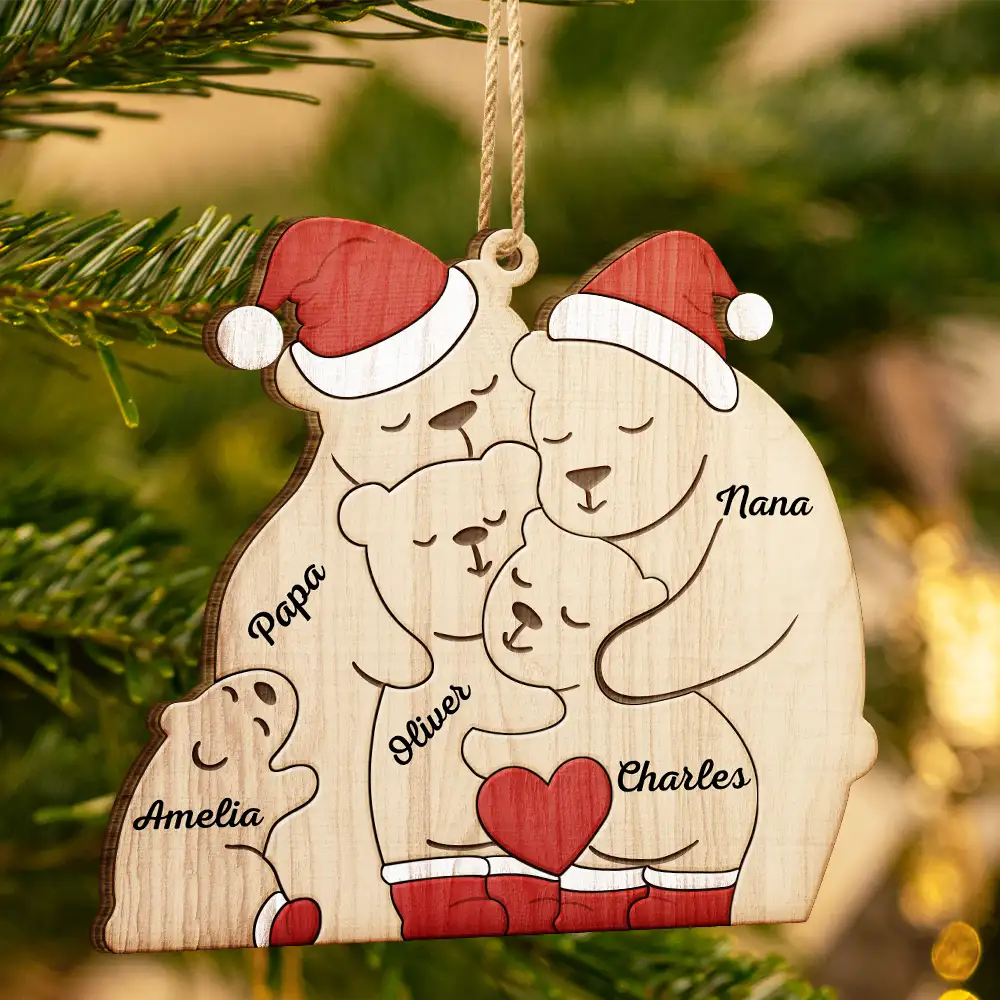 Christmas Bear Family - Personalized Custom Shaped Wooden Ornament