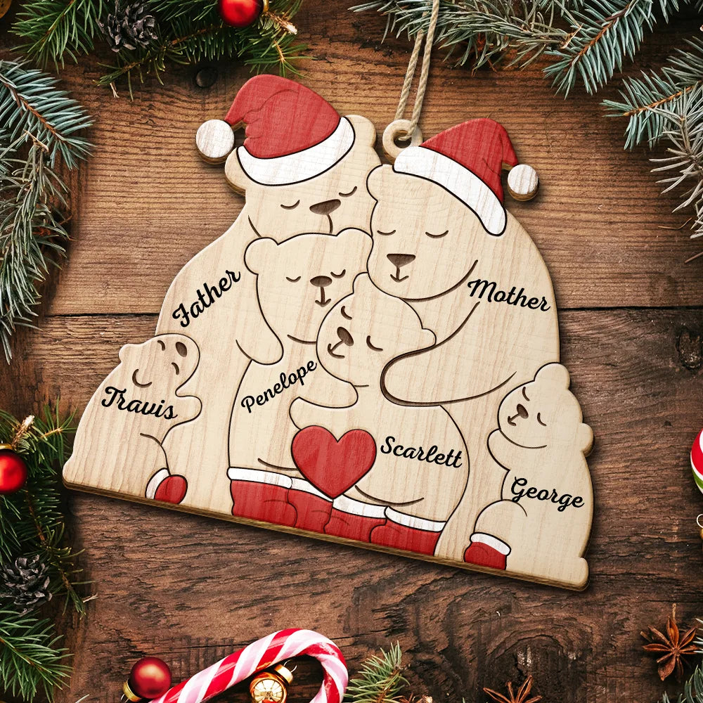 Christmas Bear Family - Personalized Custom Shaped Wooden Ornament