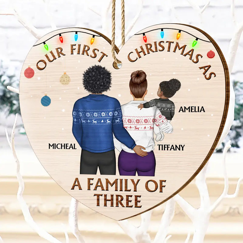 Back Family Our First Christmas As A Family Of Three - Personalized Custom Shaped Wooden Ornament