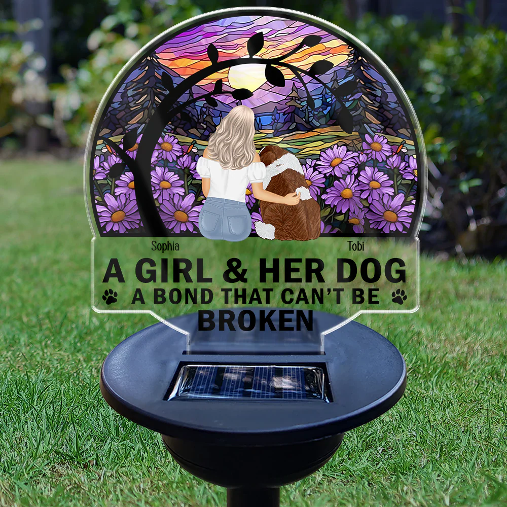 Pet Lovers - Flower Field A Girl And Her Dog And Cat - Personalized Solar Light
