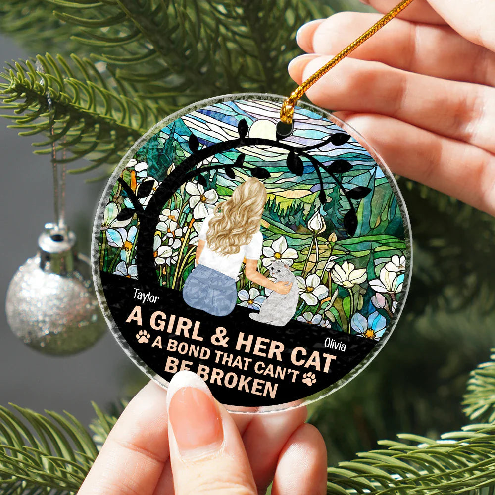 Dog Lovers,Cat Lovers,Pet Lovers,Love,Christmas - Flower Field A Girl And Her Dog And Cat - Personalized Stained Glass Ornament