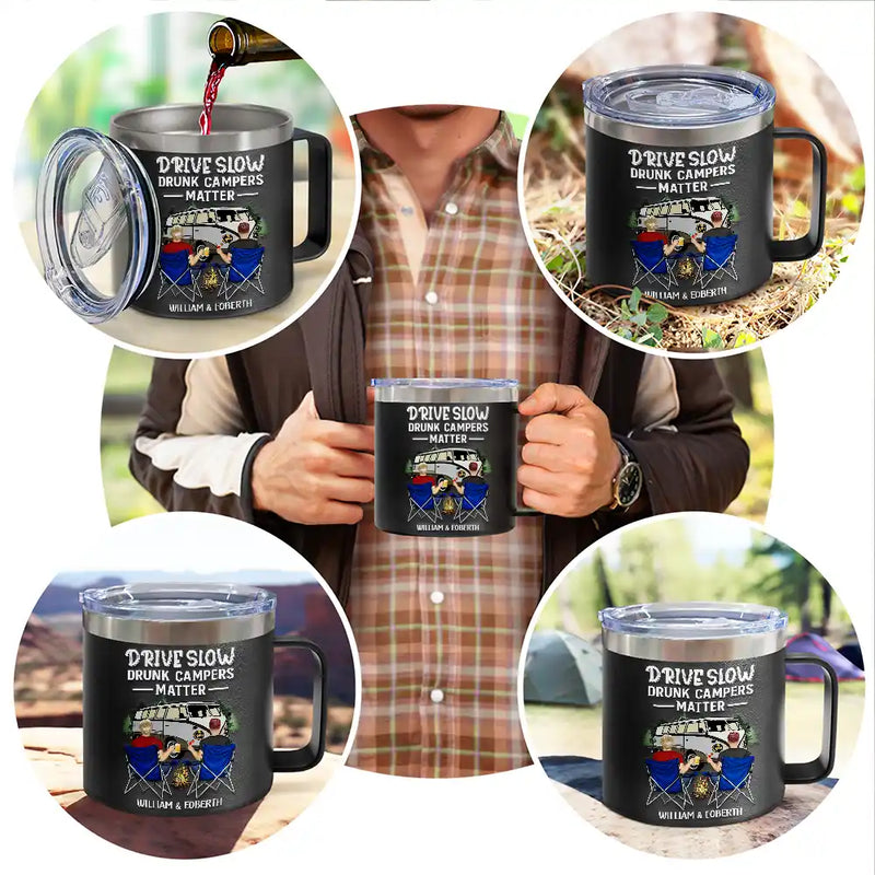 Let's Sit By The Campfire - Personalized 14oz Stainless Steel Tumbler With Handle