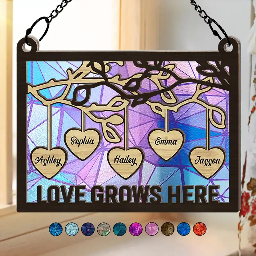 Family Tree Wood Love Grows Here - Personalized Window Hanging Suncatcher Ornament