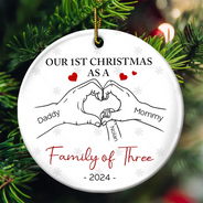 First Christmas As A Family Of Three Hand Heart - Personalized Circle Ceramic Ornament
