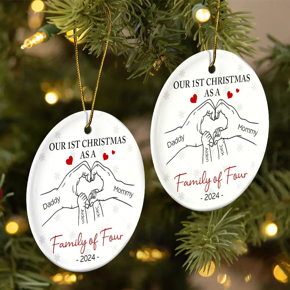 First Christmas As A Family Of Three Hand Heart - Personalized Circle Ceramic Ornament