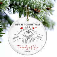 First Christmas As A Family Of Three Hand Heart - Personalized Circle Ceramic Ornament