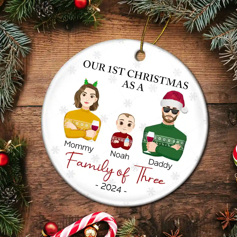 First Christmas As A Family Of Three Flat Art - Personalized Circle Ceramic Ornament