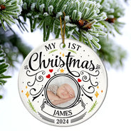 Custom Photo Baby First Christmas Parents - Personalized Circle Ceramic Ornament