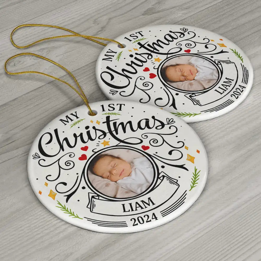 Custom Photo Baby First Christmas Parents - Personalized Circle Ceramic Ornament
