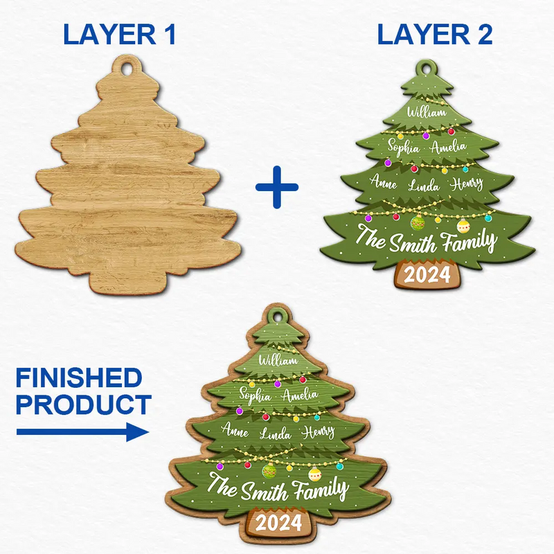 Family - Christmas Tree Family - Personalized 2-Layered Wooden Ornament