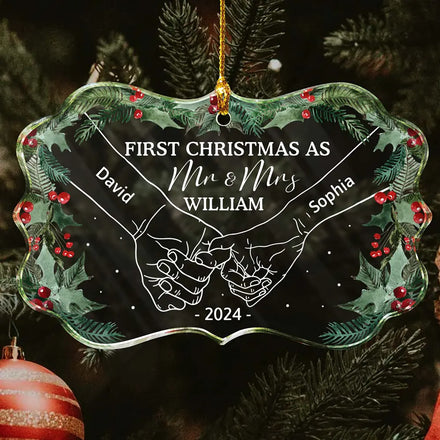 Holding Hands First Christmas As Mr & Mrs Couple - Personalized Medallion Glass Ornament