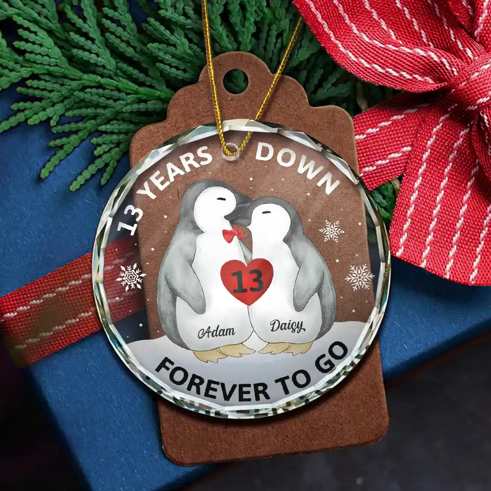 Christmas,Love,Gift For Couples,Gift For Husband,Gift For Wife,Gift For Boyfriend,Gift For Girlfriend,Anniversary - Forever To Go Penguin Couple - Personalized Circle Glass Ornament