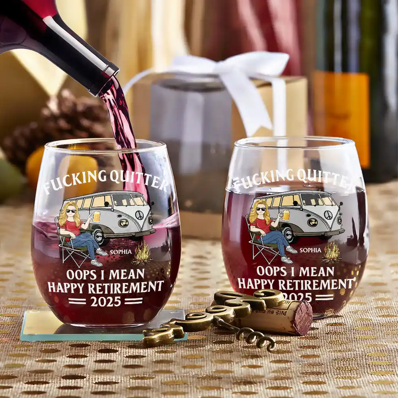 Funny,Retirement,Gift For Grandparents,Parents,Gift For Yourself,Gift For Men,Gift For Women,Gifts For Colleagues,Camping - Oops I Mean Happy Retirement - Personalized Stemless Wine Glass